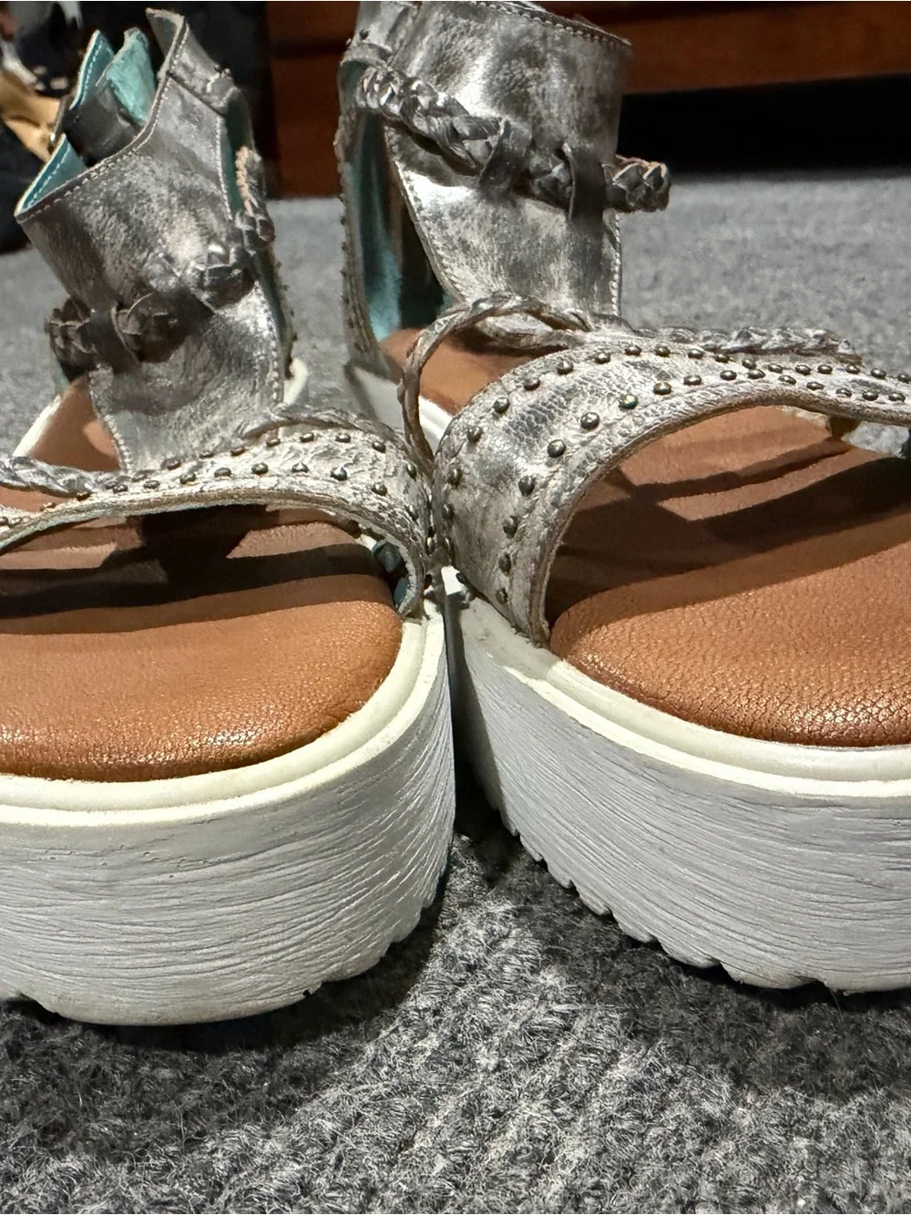 Roan by BED|STU Gray Braided Stud Platform Sandals with Brown Footbed
